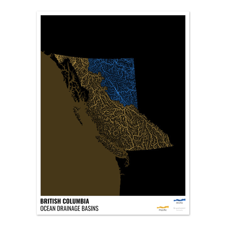British Columbia – Karte des Einzugsgebiets des Ozeans, schwarz mit Legende v2 – Fine Art Print
