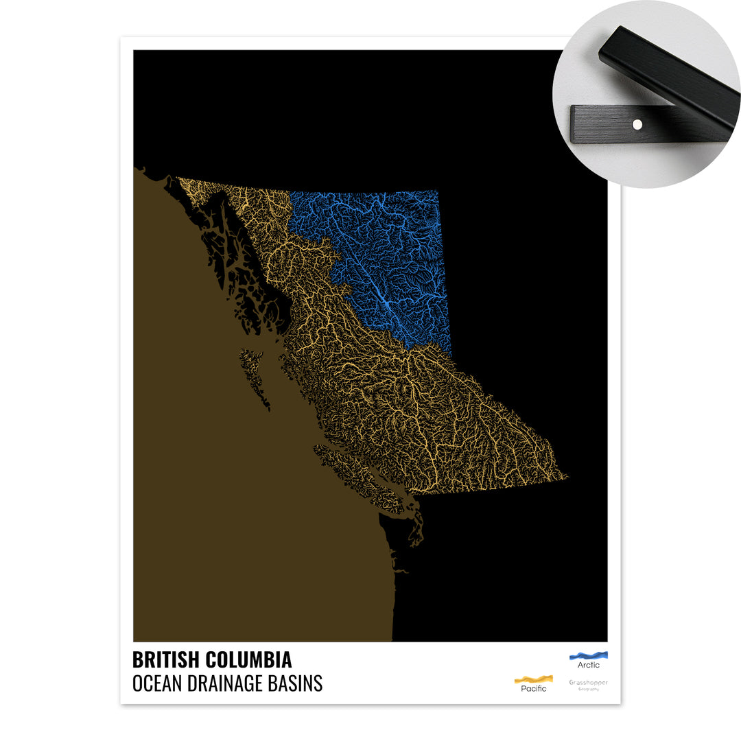 British Columbia - Ocean drainage basin map, black with legend v2 - Fine Art Print with Hanger