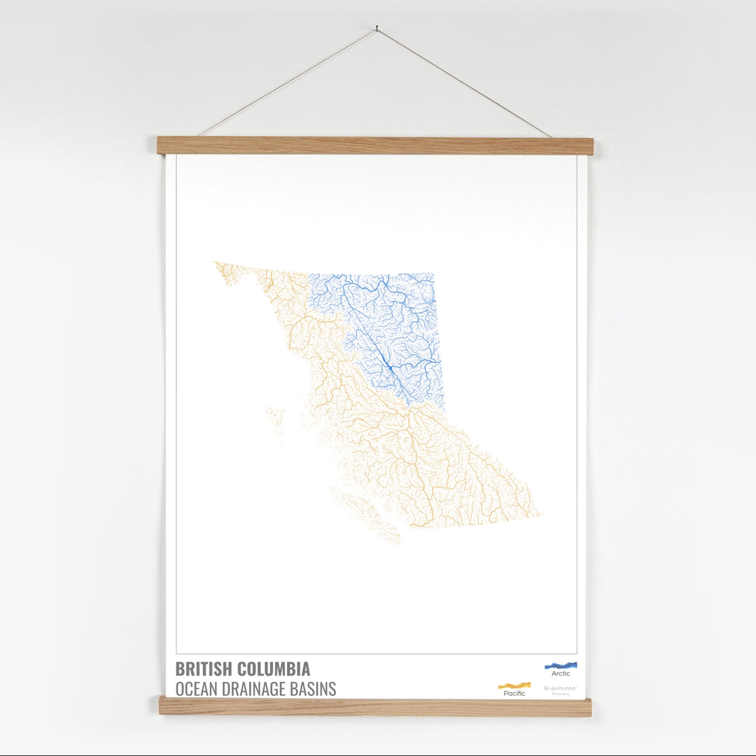 Columbia Británica - Mapa de la cuenca hidrográfica del océano, blanco con leyenda v1 - Impresión artística con colgador