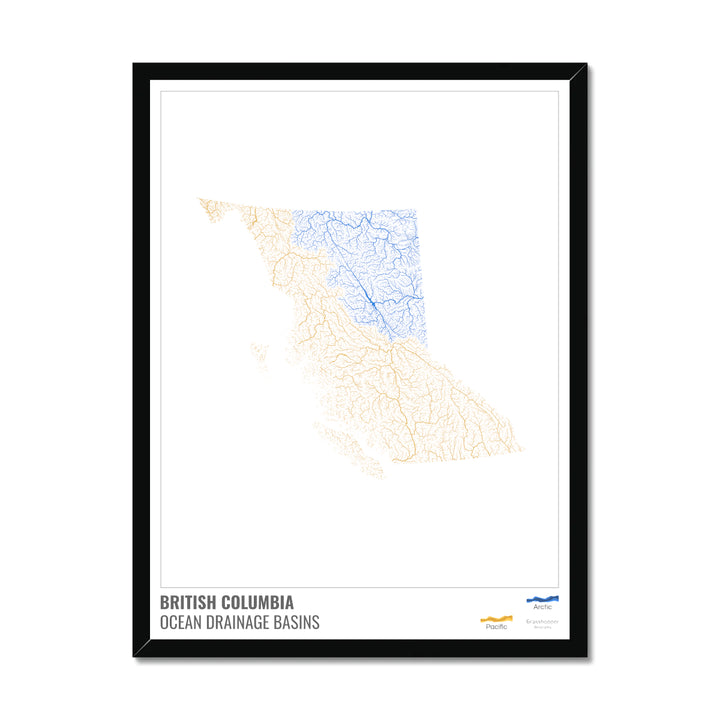 British Columbia - Ocean drainage basin map, white with legend v1 - Framed Print