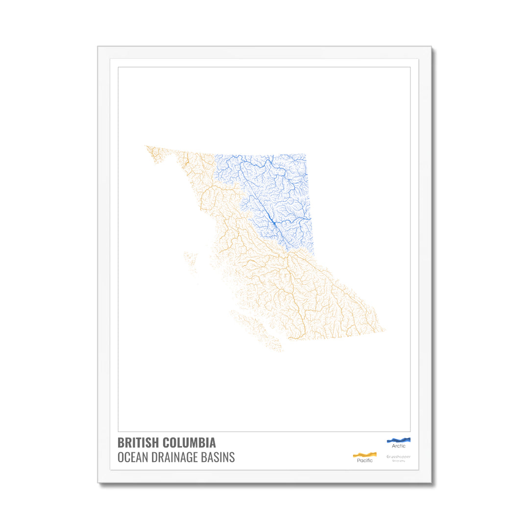 British Columbia - Ocean drainage basin map, white with legend v1 - Framed Print