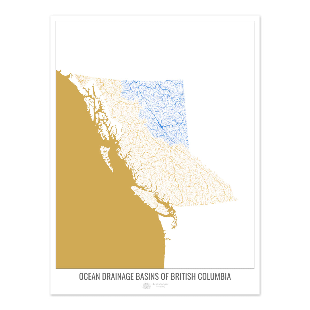 Colombie-Britannique - Carte des bassins hydrographiques océaniques, blanc v2 - Tirage d'art