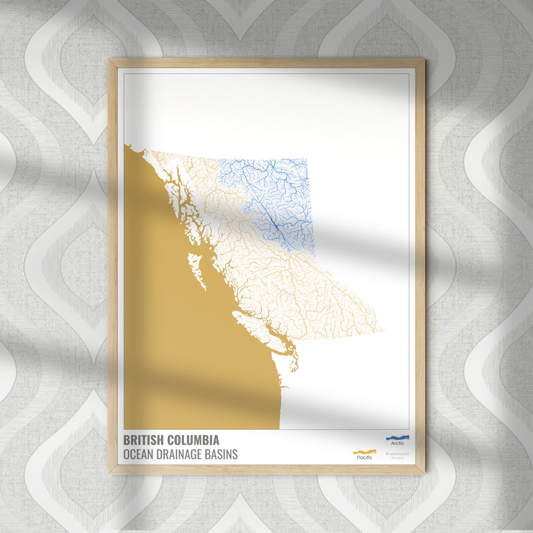 Columbia Británica - Mapa de la cuenca de drenaje oceánico, blanco v2 - Impresión de bellas artes