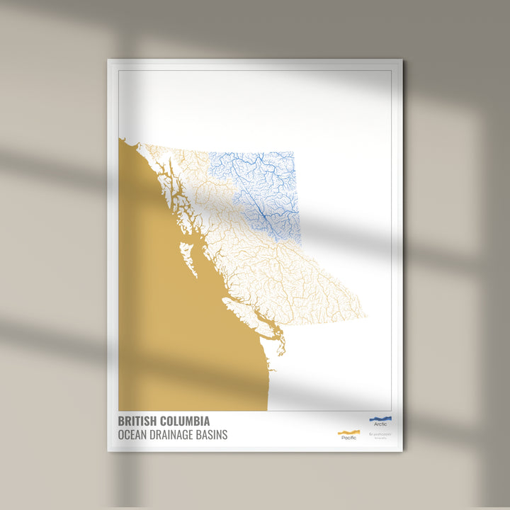 British Columbia – Karte des Einzugsgebiets des Ozeans, weiß v2 – Fotokunstdruck