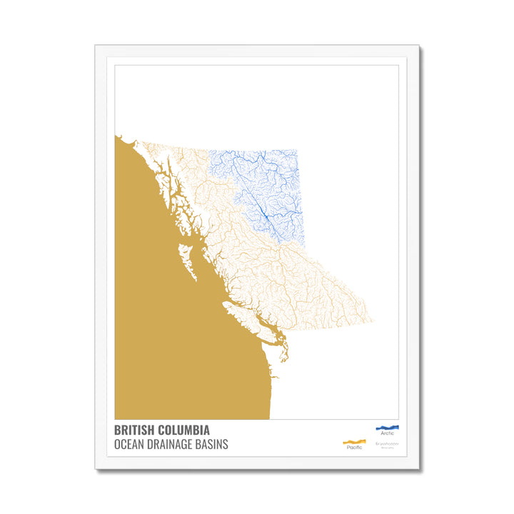 British Columbia - Ocean drainage basin map, white with legend v2 - Framed Print
