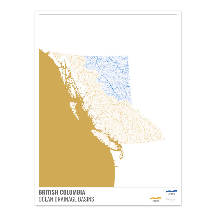 Columbia Británica - Mapa de la cuenca de drenaje oceánico, blanco con leyenda v2 - Impresión de bellas artes