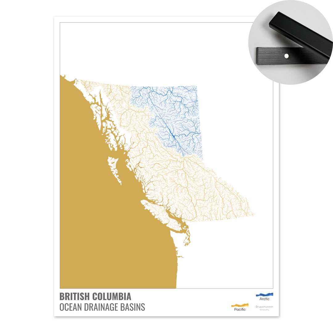 Columbia Británica - Mapa de la cuenca de drenaje oceánico, blanco con leyenda v2 - Impresión artística con percha