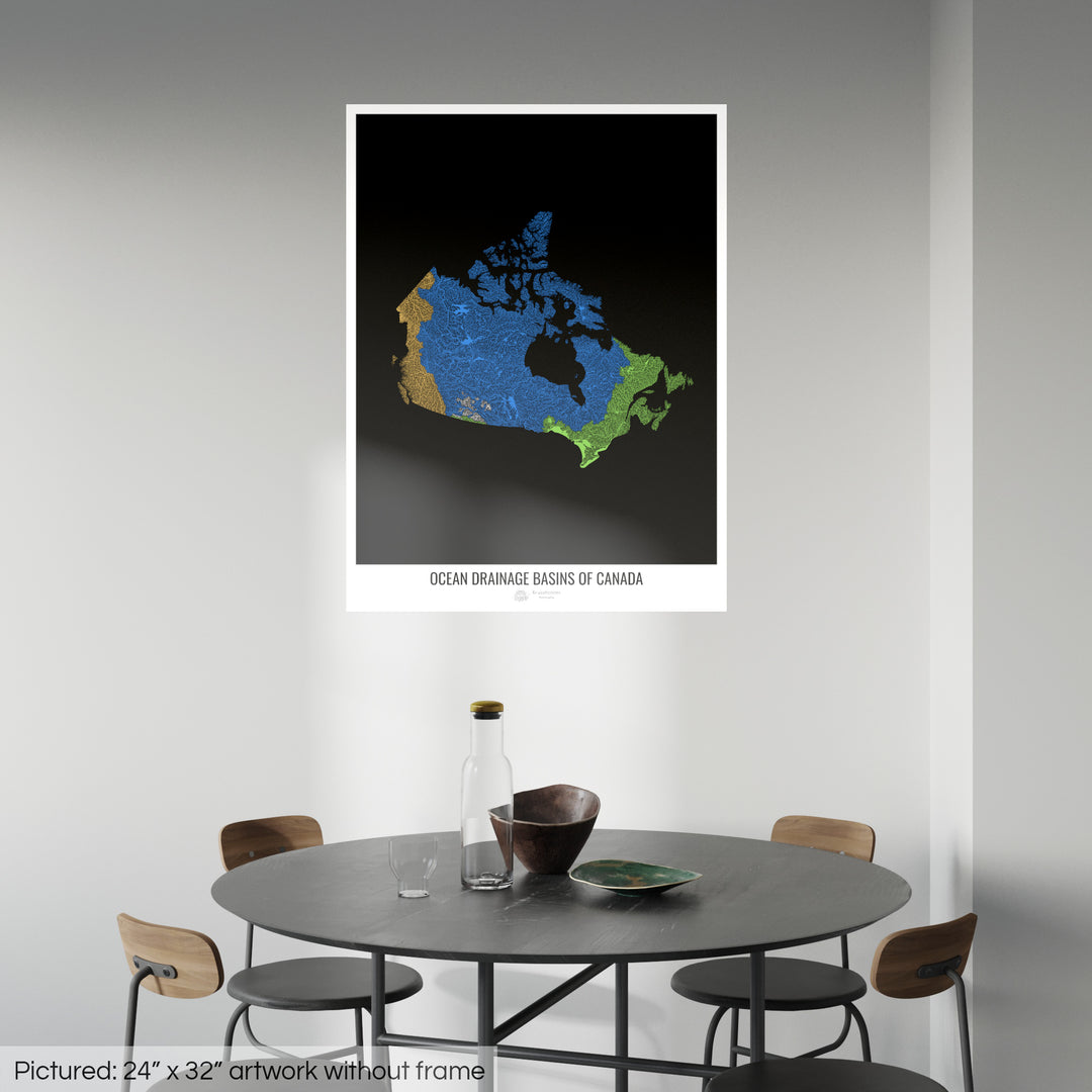 Canadá - Mapa de la cuenca hidrográfica del océano, negro v1 - Impresión fotográfica