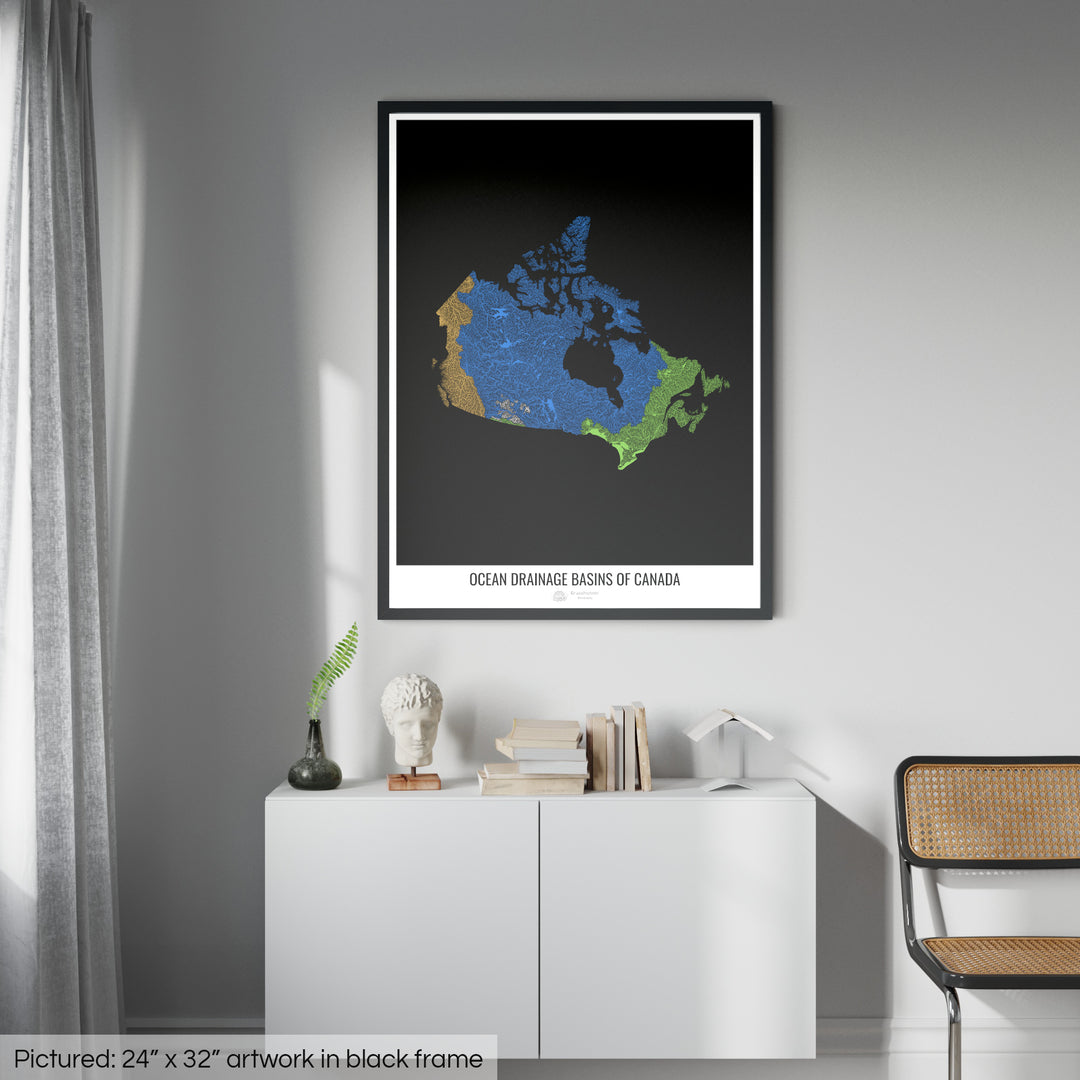 Canadá - Mapa de la cuenca de drenaje oceánico, negro v1 - Lámina enmarcada