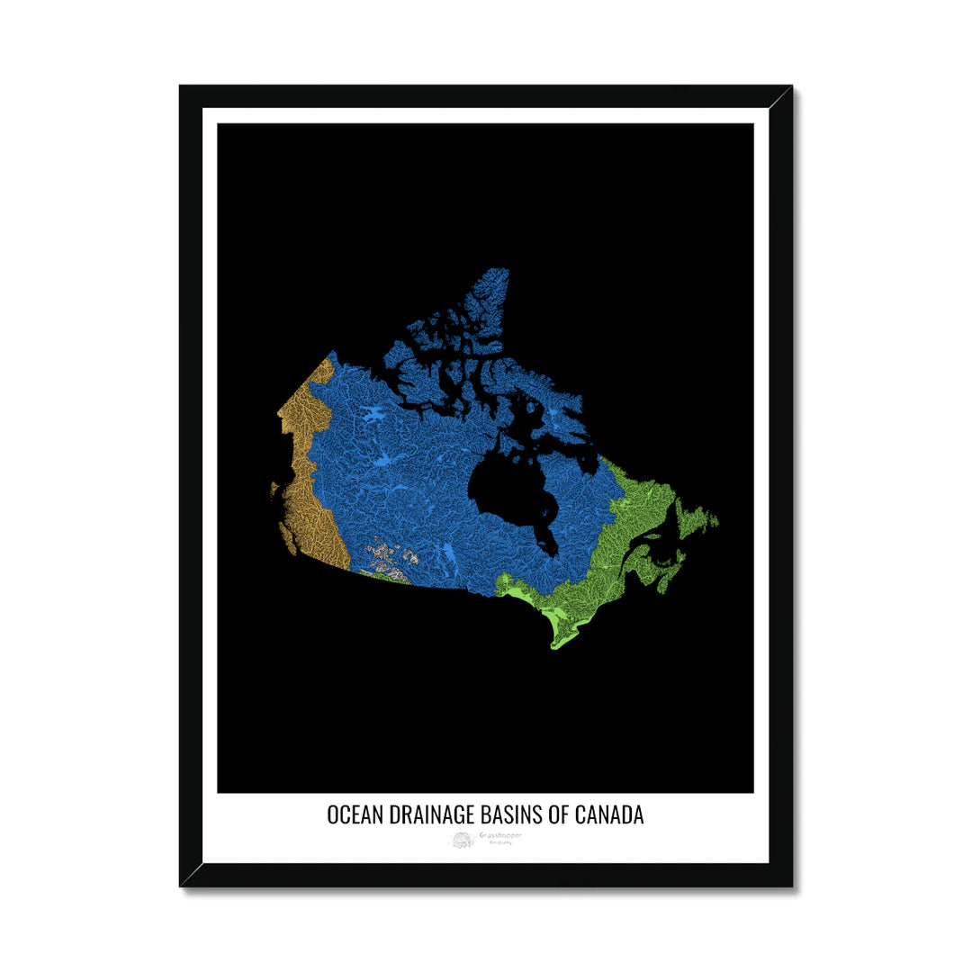 Canadá - Mapa de la cuenca de drenaje oceánico, negro v1 - Lámina enmarcada
