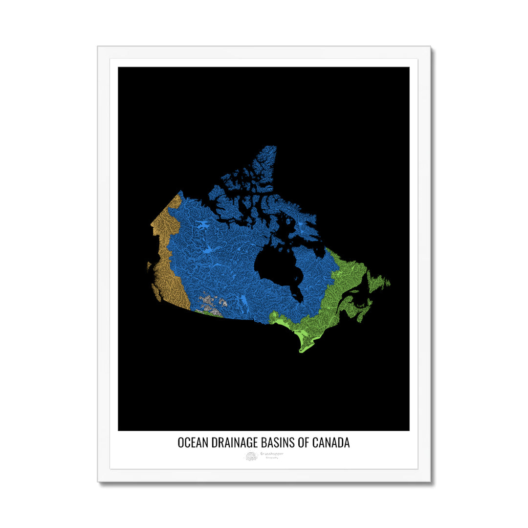 Canada - Ocean drainage basin map, black v1 - Framed Print