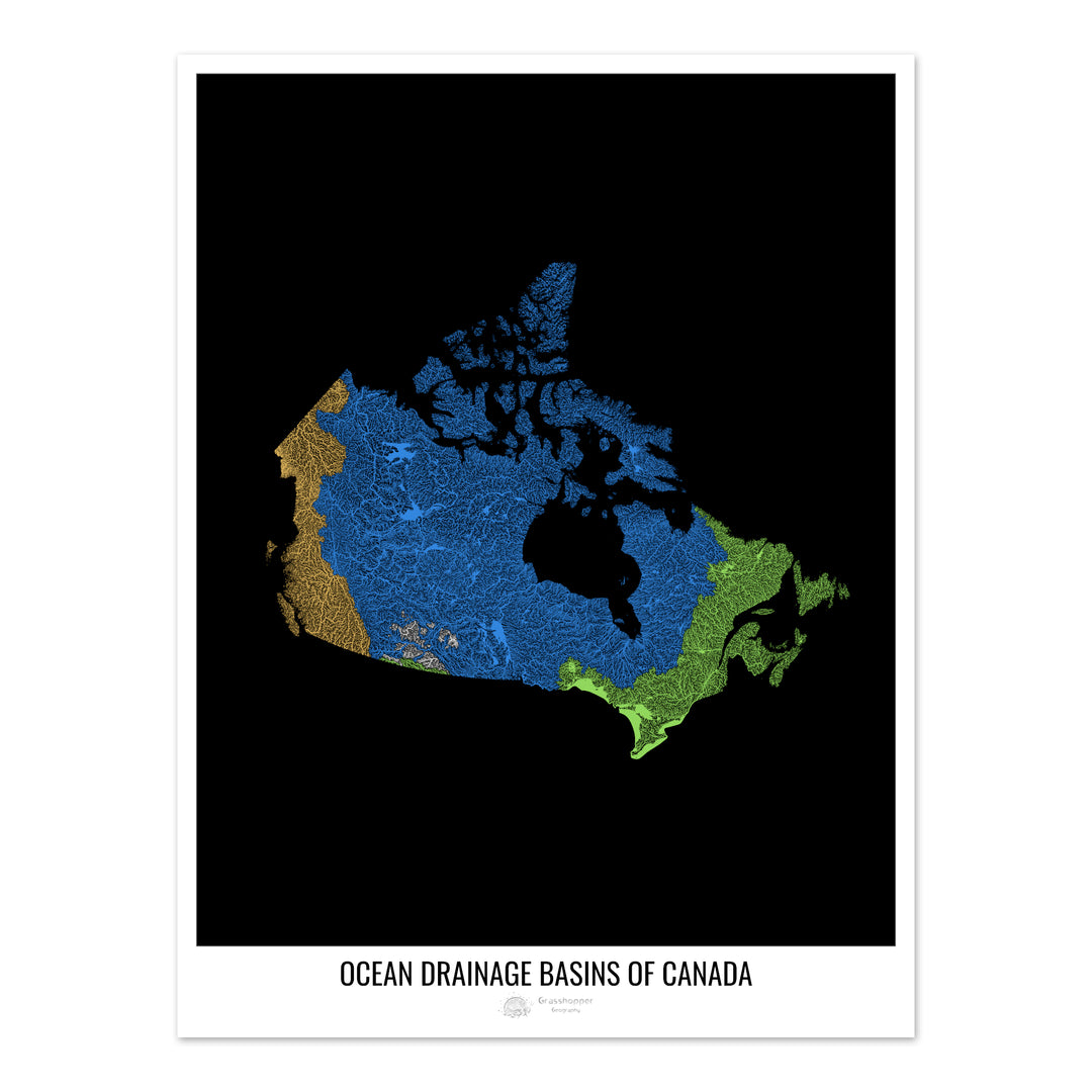 Canada - Carte des bassins hydrographiques océaniques, noir v1 - Impression d'art photo