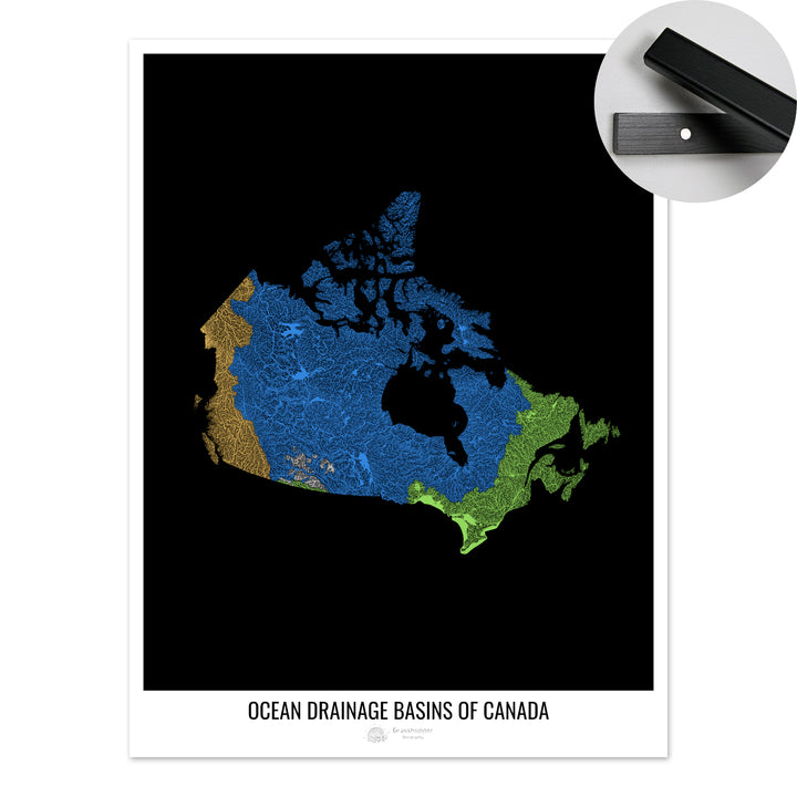 Canada - Carte des bassins hydrographiques océaniques, noir v1 - Tirage d'art avec cintre