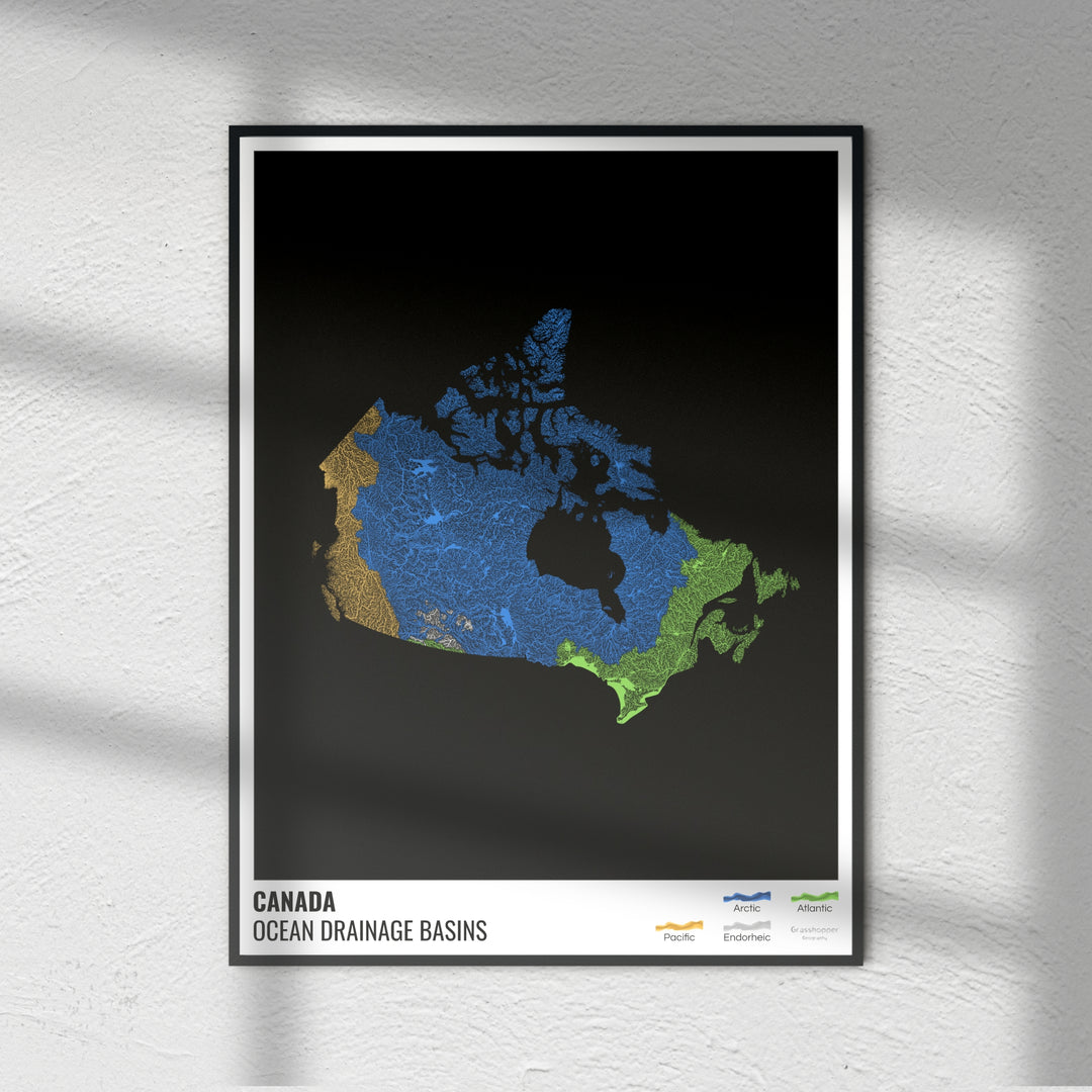 Canadá - Mapa de la cuenca de drenaje oceánico, negro con leyenda v1 - Impresión de bellas artes