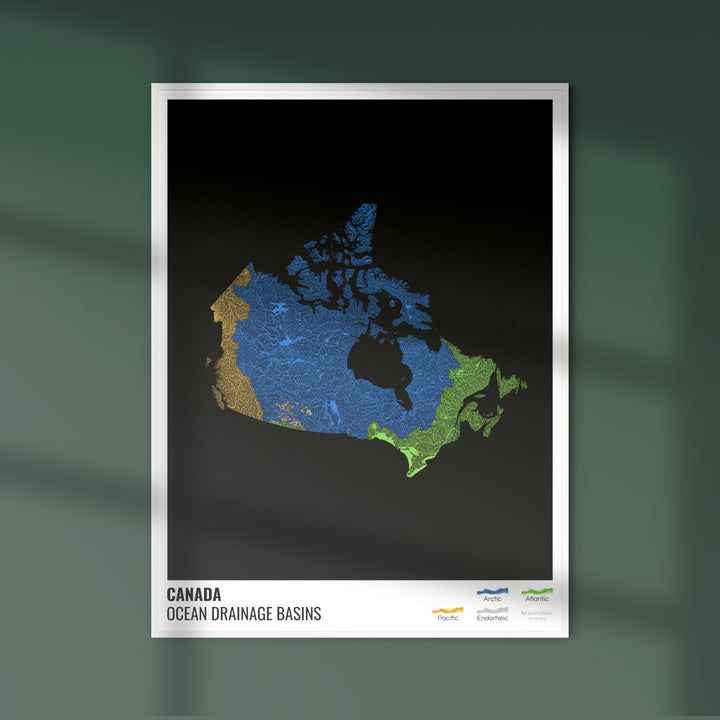 Canada - Carte des bassins hydrographiques océaniques, noire avec légende v1 - Tirage d'art photo