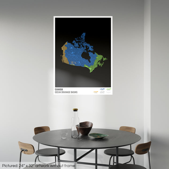 Canada - Carte des bassins hydrographiques océaniques, noire avec légende v1 - Fine Art Print