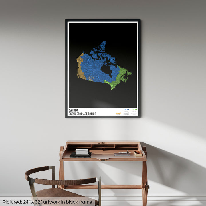 Canadá - Mapa de la cuenca hidrográfica del océano, negro con leyenda v1 - Lámina enmarcada