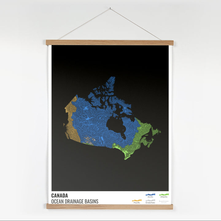 Canada - Carte des bassins versants océaniques, noire avec légende v1 - Tirage d'art avec cintre