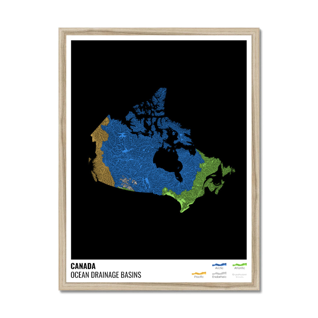 Canada - Carte des bassins versants océaniques, noire avec légende v1 - Impression encadrée