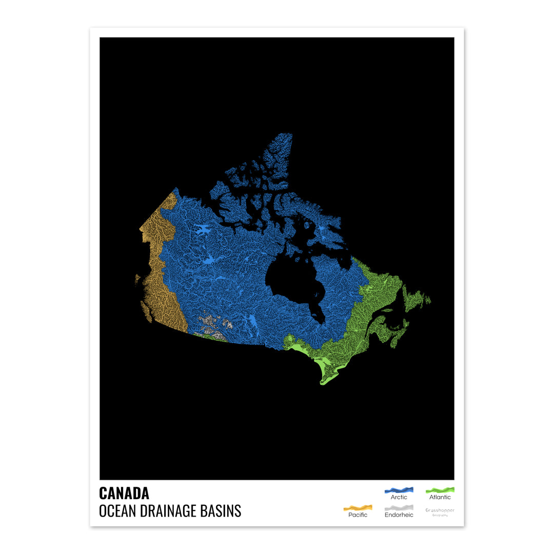 Canadá - Mapa de la cuenca hidrográfica del océano, negro con leyenda v1 - Impresión fotográfica