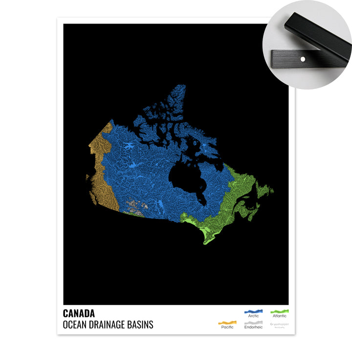 Canadá - Mapa de la cuenca hidrográfica del océano, negro con leyenda v1 - Impresión artística con colgador