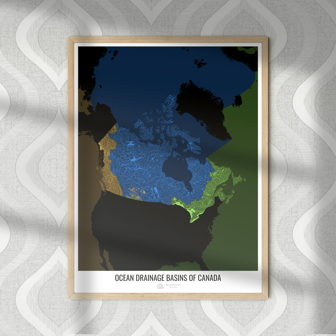 Canadá - Mapa de la cuenca hidrográfica del océano, negro v2 - Impresión fotográfica