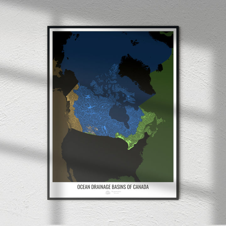 Canadá - Mapa de la cuenca de drenaje oceánico, negro v2 - Impresión de bellas artes