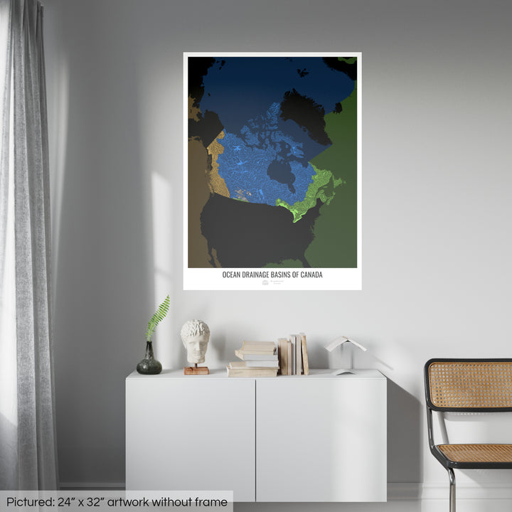 Канада - Карта океанического водосборного бассейна, черная версия 2 - Fine Art Print