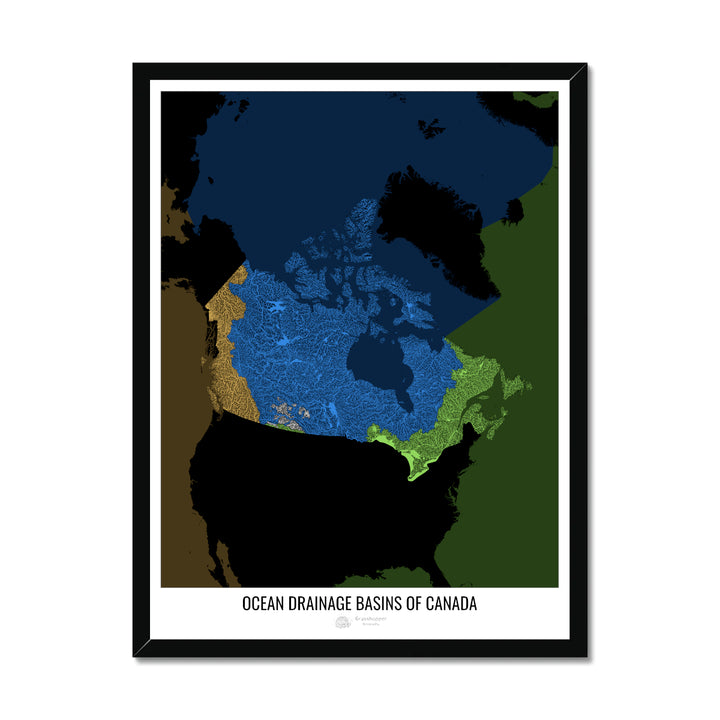 Canada - Ocean drainage basin map, black v2 - Framed Print