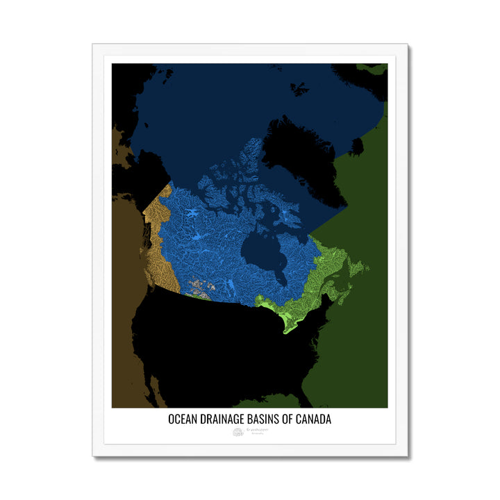 Canada - Ocean drainage basin map, black v2 - Framed Print