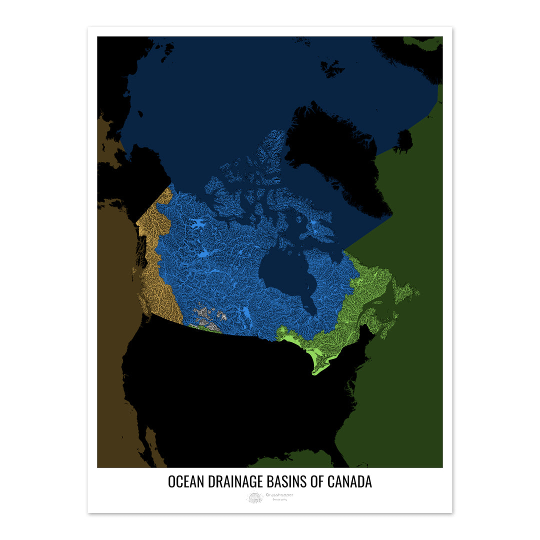Canadá - Mapa de la cuenca de drenaje oceánico, negro v2 - Impresión de bellas artes