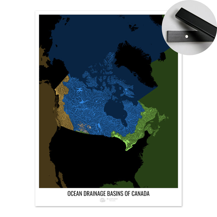 Canadá - Mapa de la cuenca hidrográfica del océano, negro v2 - Impresión artística con colgador