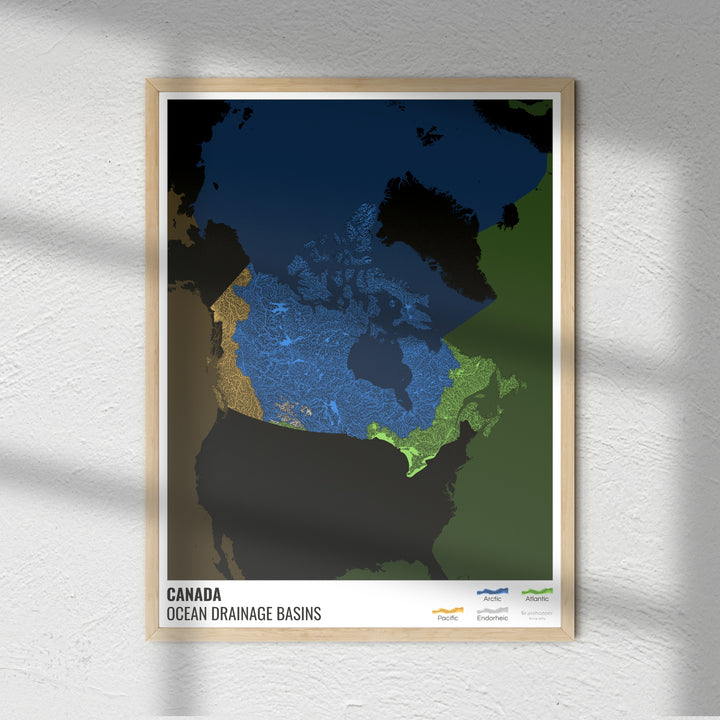 Canada - Carte des bassins hydrographiques océaniques, noire avec légende v2 - Fine Art Print