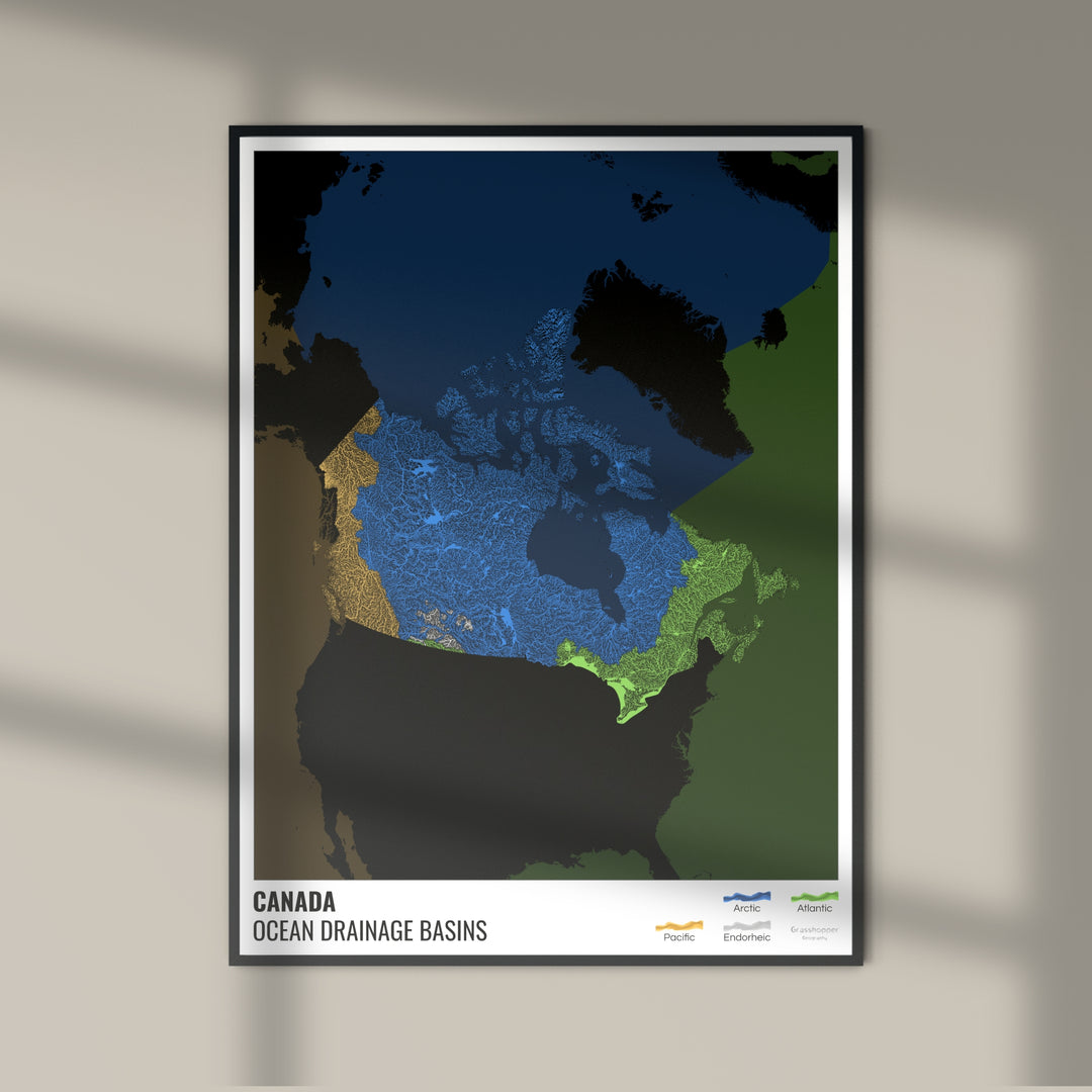 Canada - Carte des bassins hydrographiques océaniques, noire avec légende v2 - Impression d'art photo