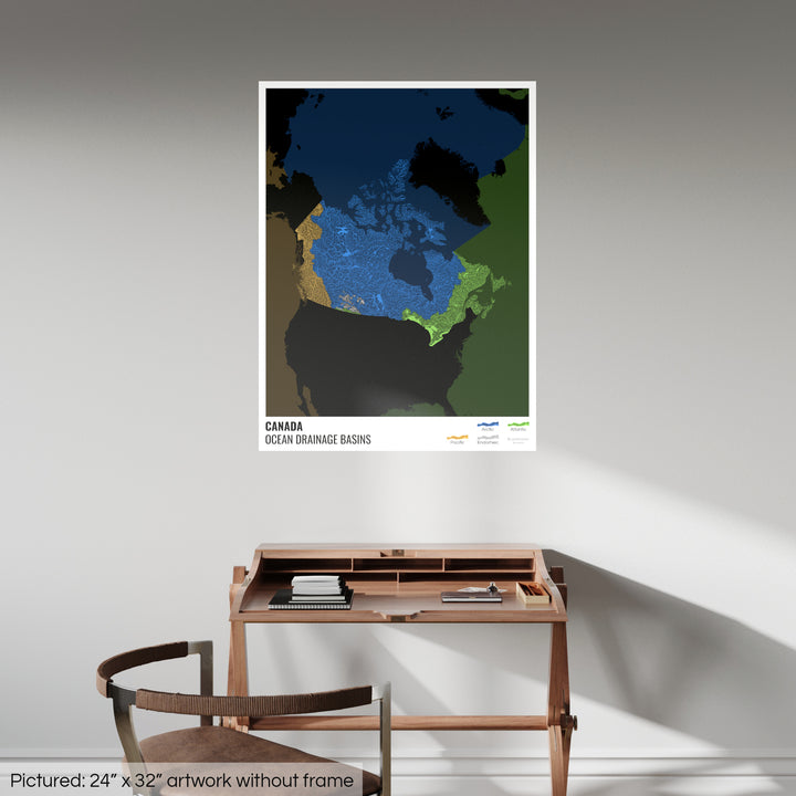 Canada - Ocean drainage basin map, black with legend v2 - Fine Art Print