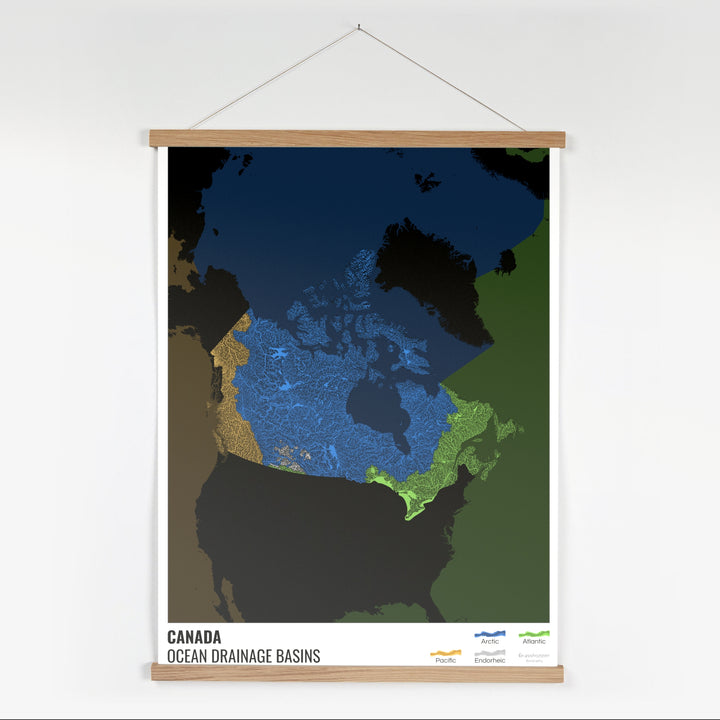 Canada - Carte des bassins versants océaniques, noire avec légende v2 - Tirage d'art avec cintre
