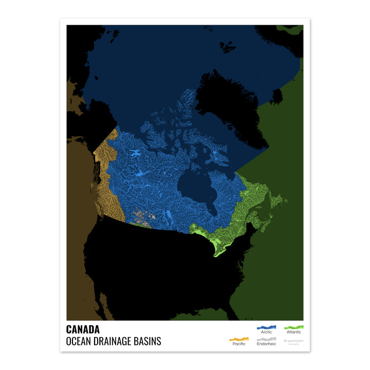 Canada - Carte des bassins hydrographiques océaniques, noire avec légende v2 - Fine Art Print