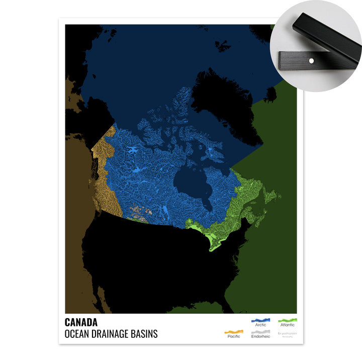 Canada - Ocean drainage basin map, black with legend v2 - Fine Art Print with Hanger