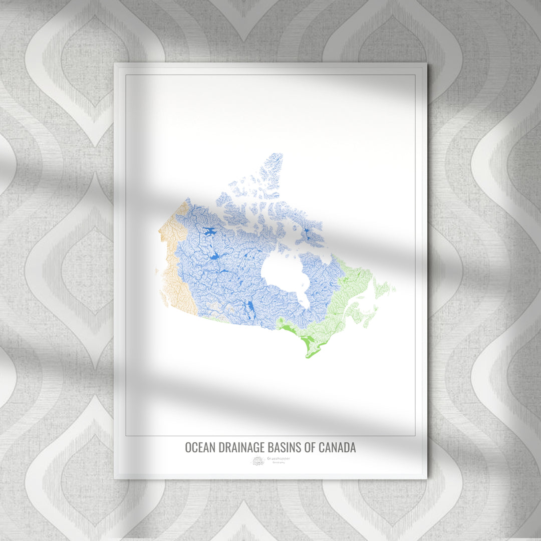 Canadá - Mapa de la cuenca hidrográfica del océano, blanco v1 - Impresión de bellas artes