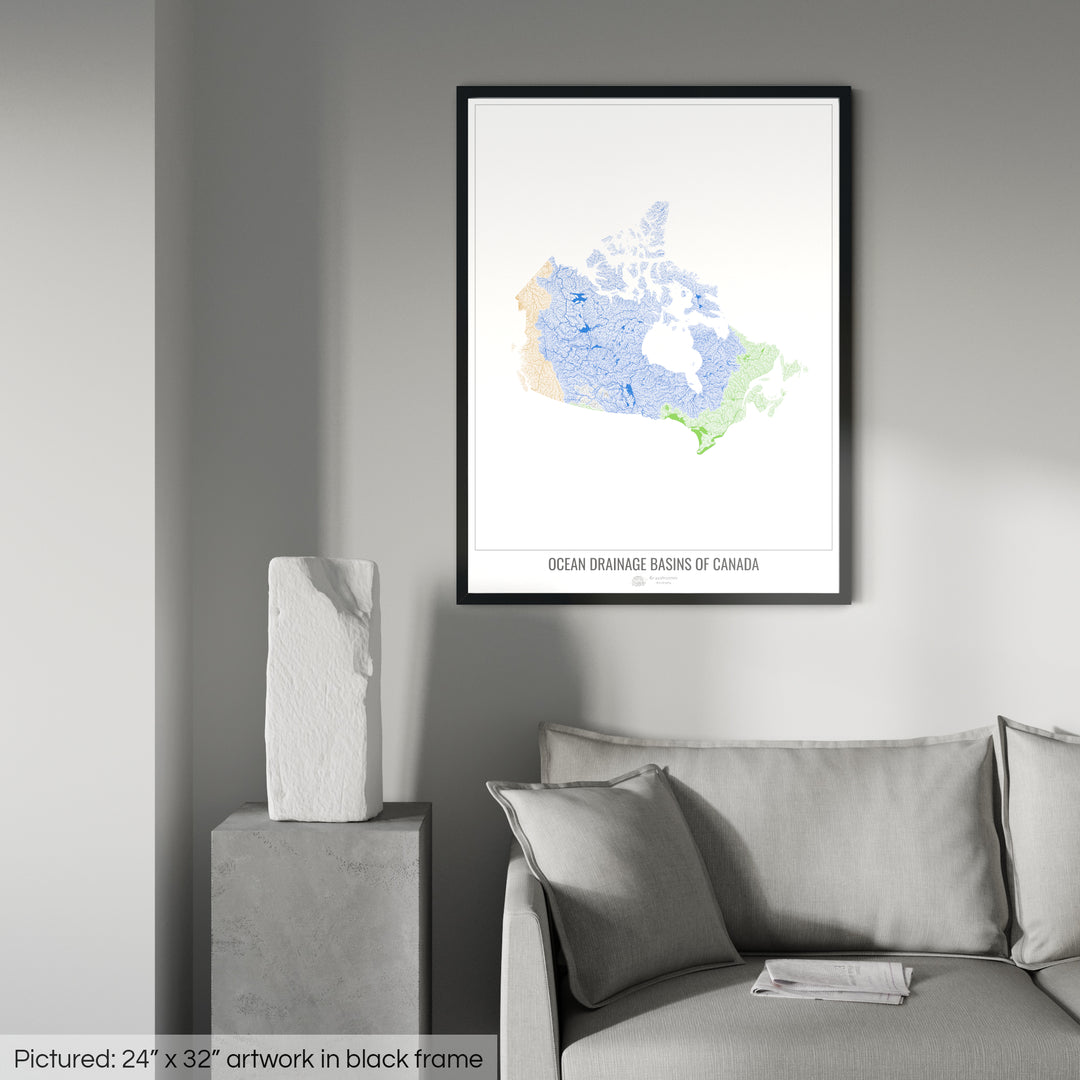 Canada - Ocean drainage basin map, white v1 - Framed Print