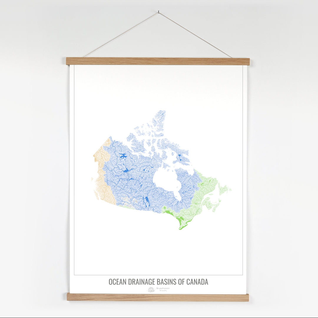 Canada - Carte des bassins hydrographiques océaniques, blanc v1 - Tirage d'art avec cintre