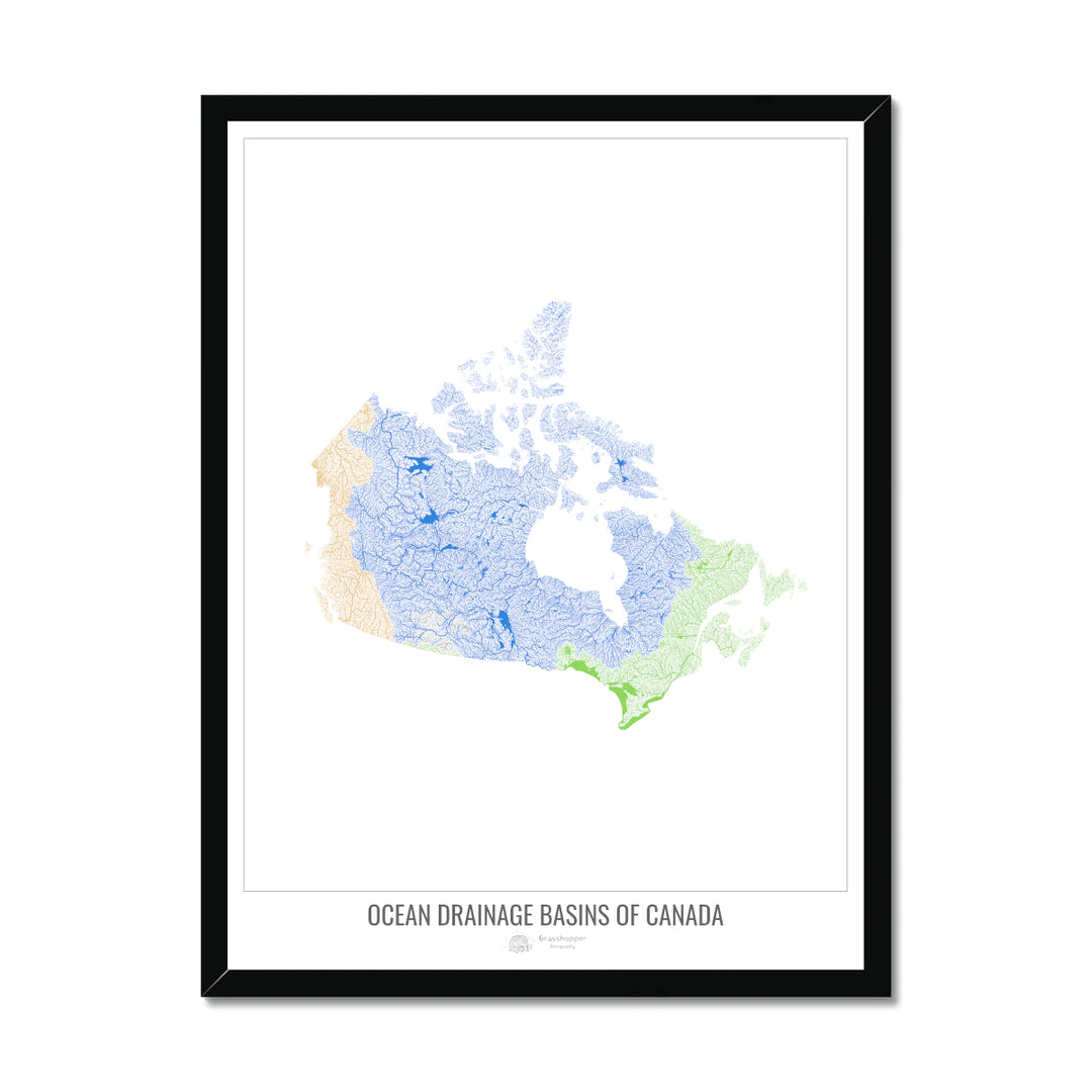 Canada - Ocean drainage basin map, white v1 - Framed Print