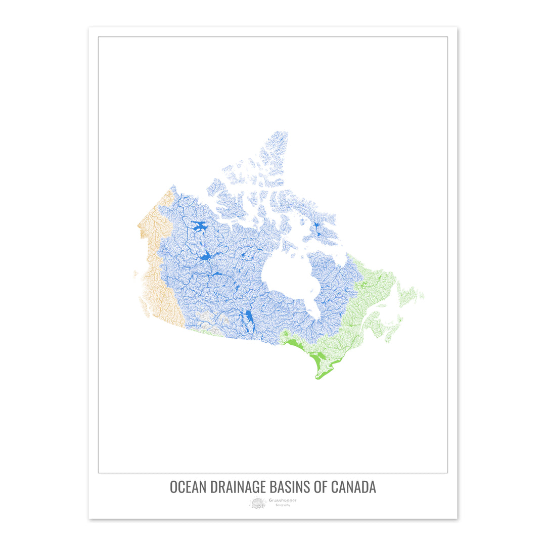 Canadá - Mapa de la cuenca hidrográfica del océano, blanco v1 - Impresión de bellas artes