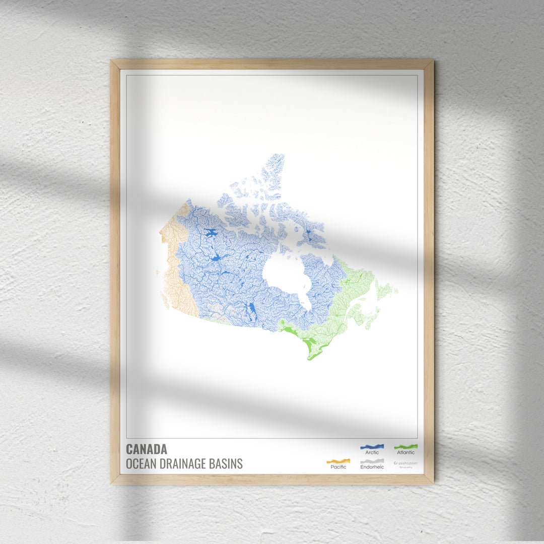 Canadá - Mapa de la cuenca hidrográfica del océano, blanco con leyenda v1 - Impresión de bellas artes