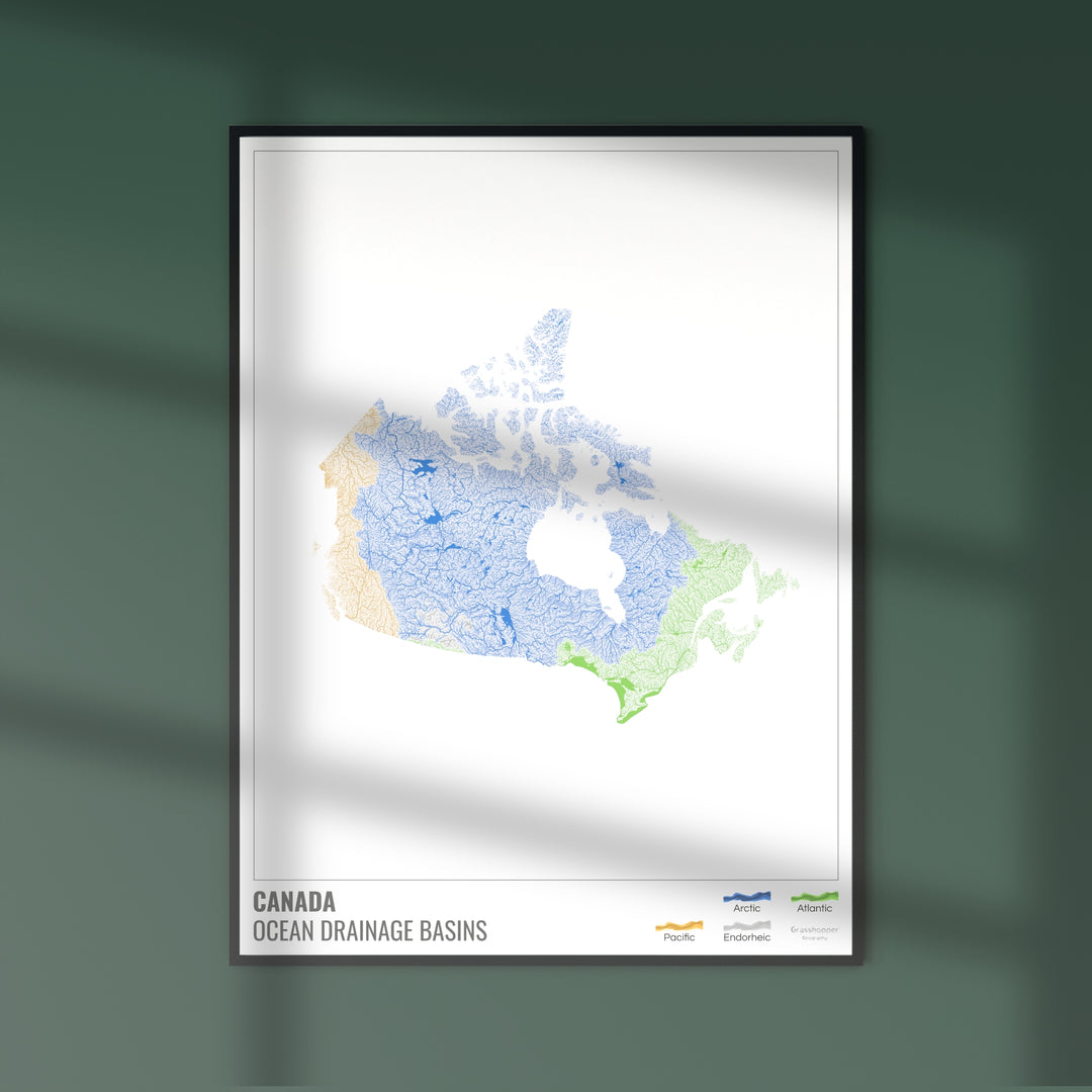 Canadá - Mapa de la cuenca hidrográfica del océano, blanco con leyenda v1 - Impresión fotográfica