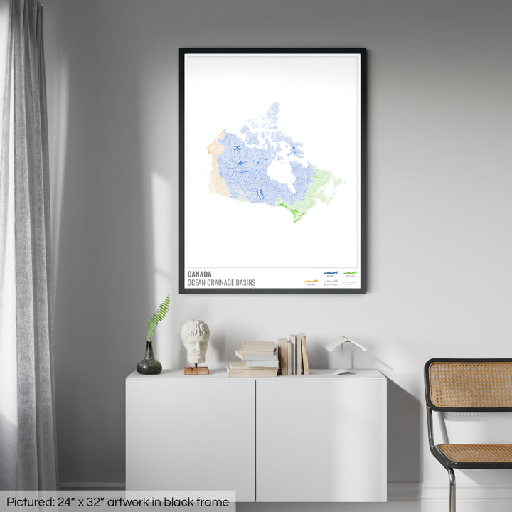 Canada - Carte des bassins hydrographiques océaniques, blanche avec légende v1 - Impression encadrée