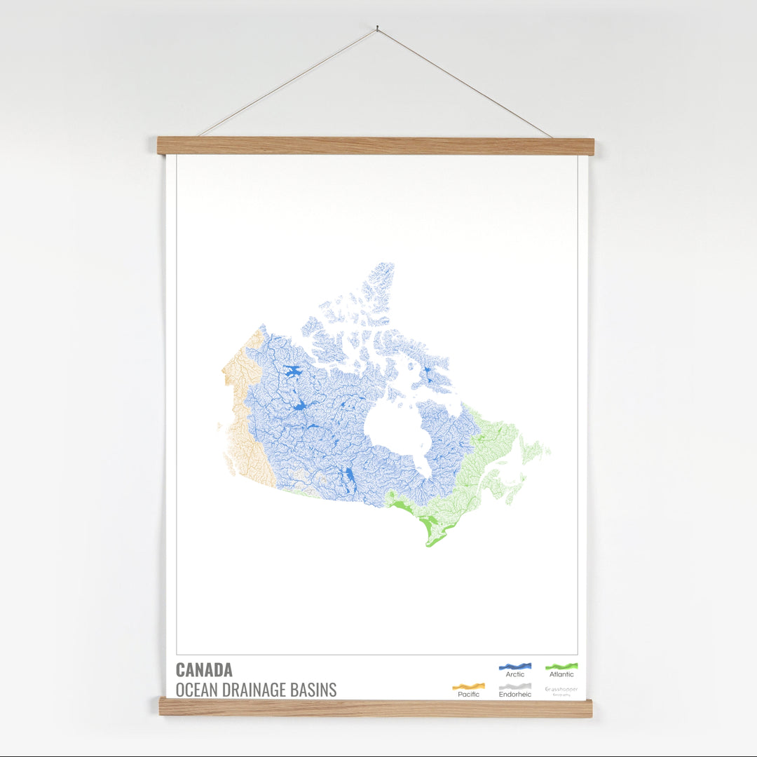 Canada - Carte des bassins hydrographiques océaniques, blanche avec légende v1 - Tirage d'art avec cintre