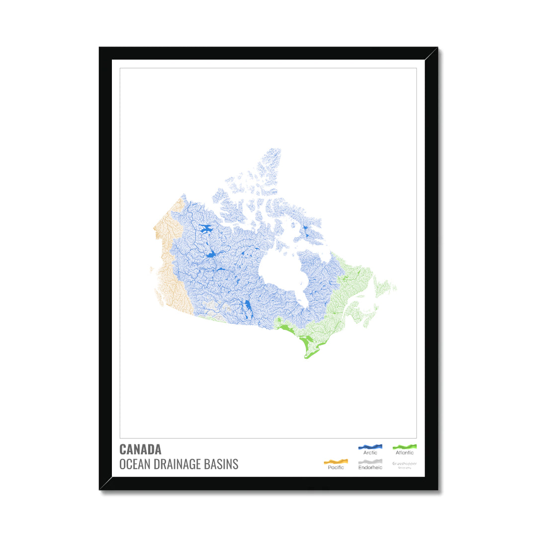 Canadá - Mapa de la cuenca hidrográfica del océano, blanco con leyenda v1 - Lámina enmarcada