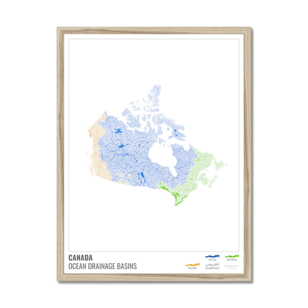 Canadá - Mapa de la cuenca hidrográfica del océano, blanco con leyenda v1 - Lámina enmarcada
