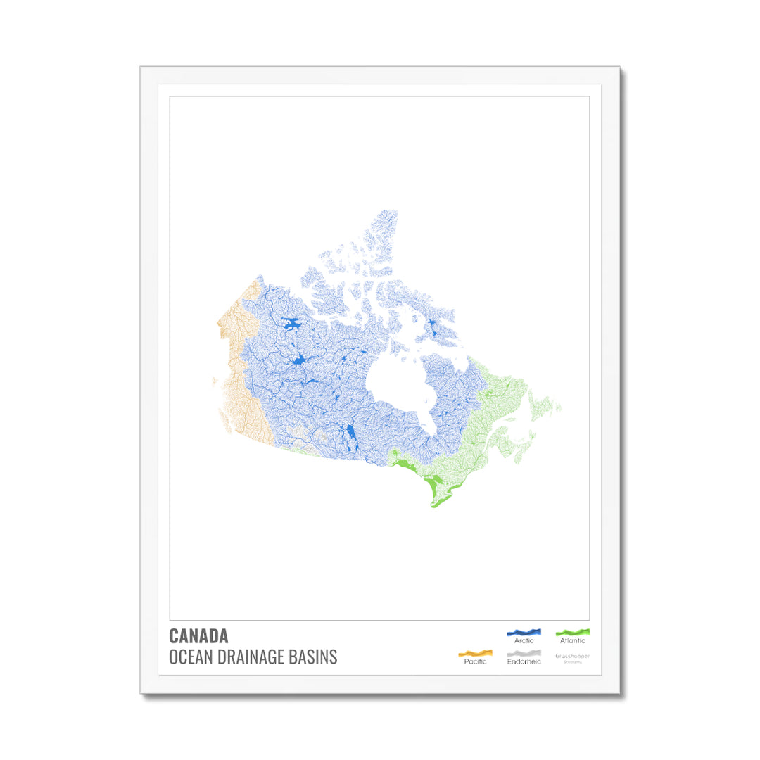 Canada - Carte des bassins hydrographiques océaniques, blanche avec légende v1 - Impression encadrée